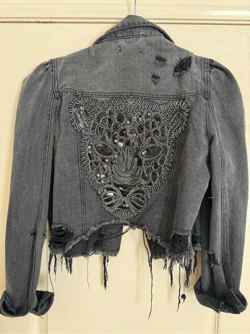 Embellished black Gray Distressed Denim Jacket